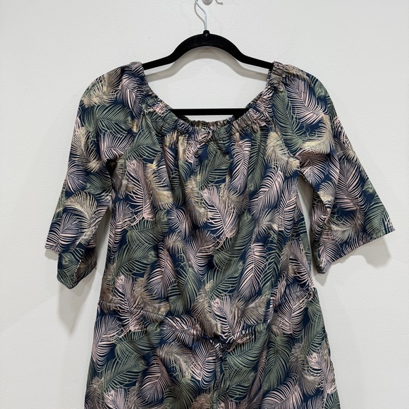 Blue island Tropical Leaf Print Mini Dress Boho Cinched Waist Tassel Tie Small - Picture 3 of 7